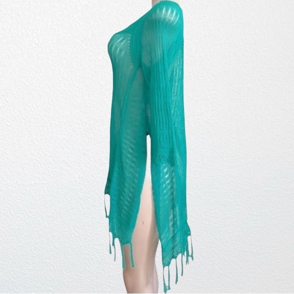 L*SPACE Vista Beach Crochet Sweater Fringe Coverup Teal SZ XS - Picture 5 of 9